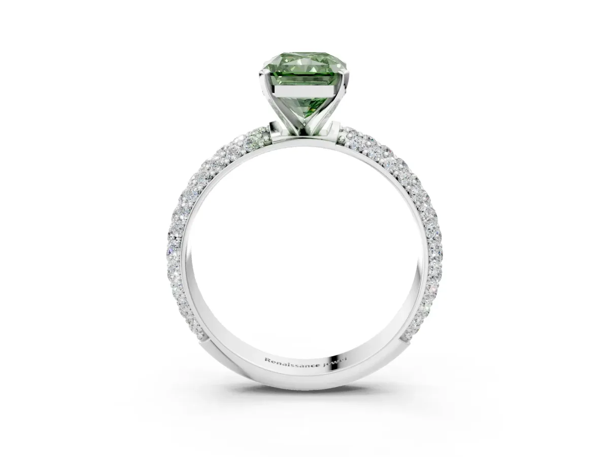 Fancy Green Radiant Cut Diamond Solitaire Ring with Prong Setting and Pavé Band Platinum