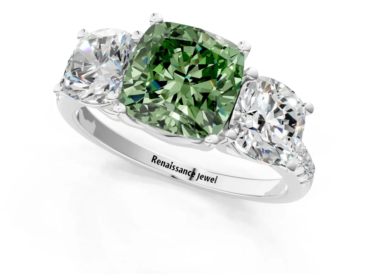 Fancy Green Three-Stone Cushion Cut Diamond Ring with Round Pavé Band and Prong Setting Silver