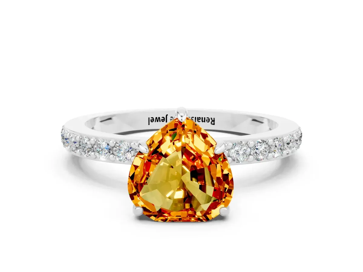 Heart Cut Citrine Solitaire Engagement Ring with Pavé Band and Four-Prong Setting Silver