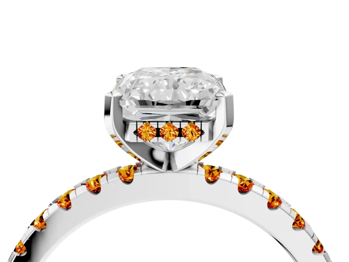 Radiant Cut Diamond Solitaire Ring with Round Citrine Pavé Band and Four-Prong Setting Silver
