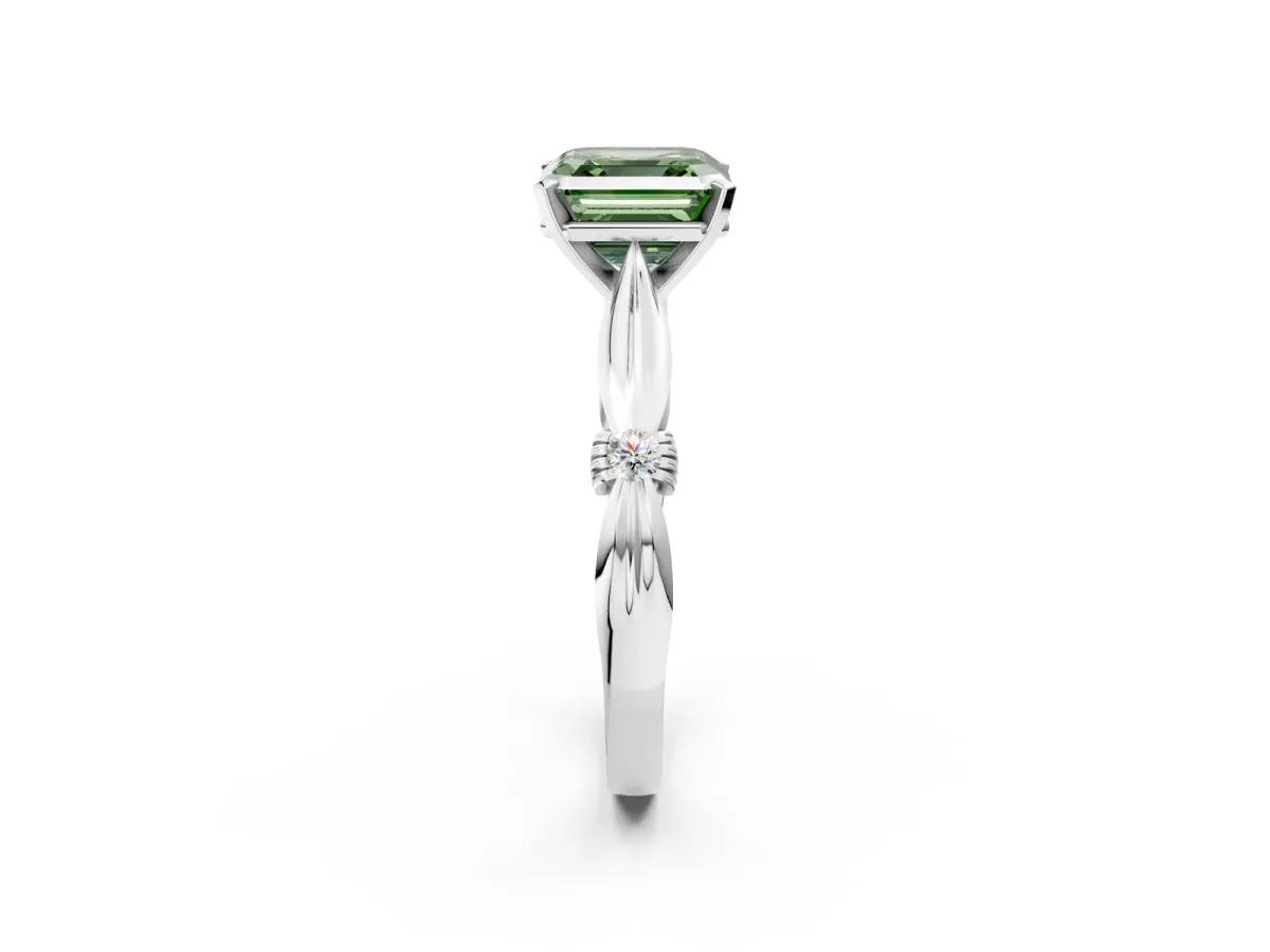 Fancy Green Asscher Cut Solitaire Diamond Twisted Band with Four-Prong Setting Platinum
