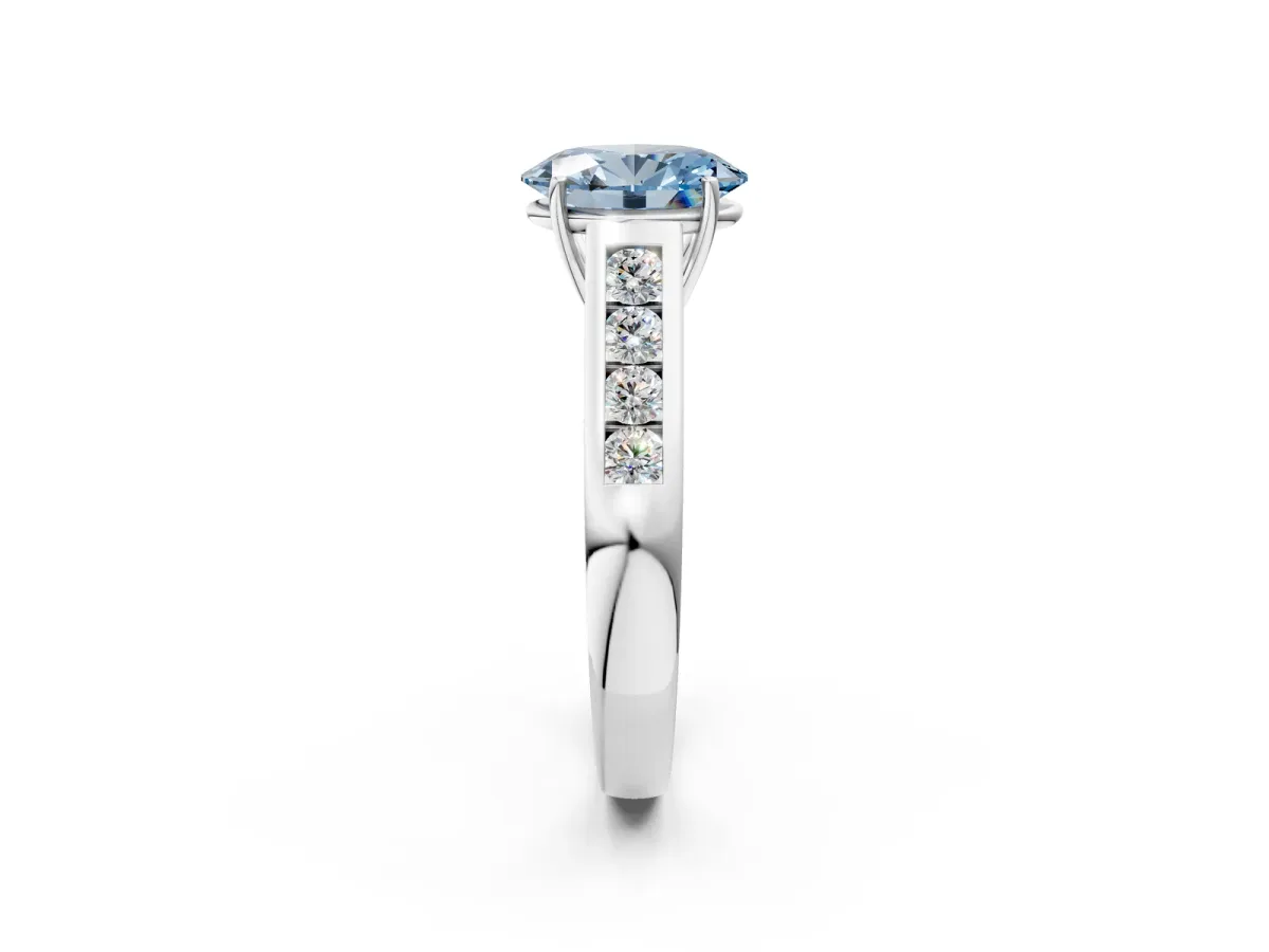 Fancy Blue Oval Cut Brilliant Channel-Set Solitaire Ring with Four-Prong Setting White gold