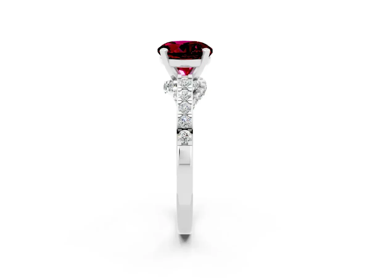 Round Cut Garnet Solitaire Ring with Crossover Gallery and Round Pavé Band Silver