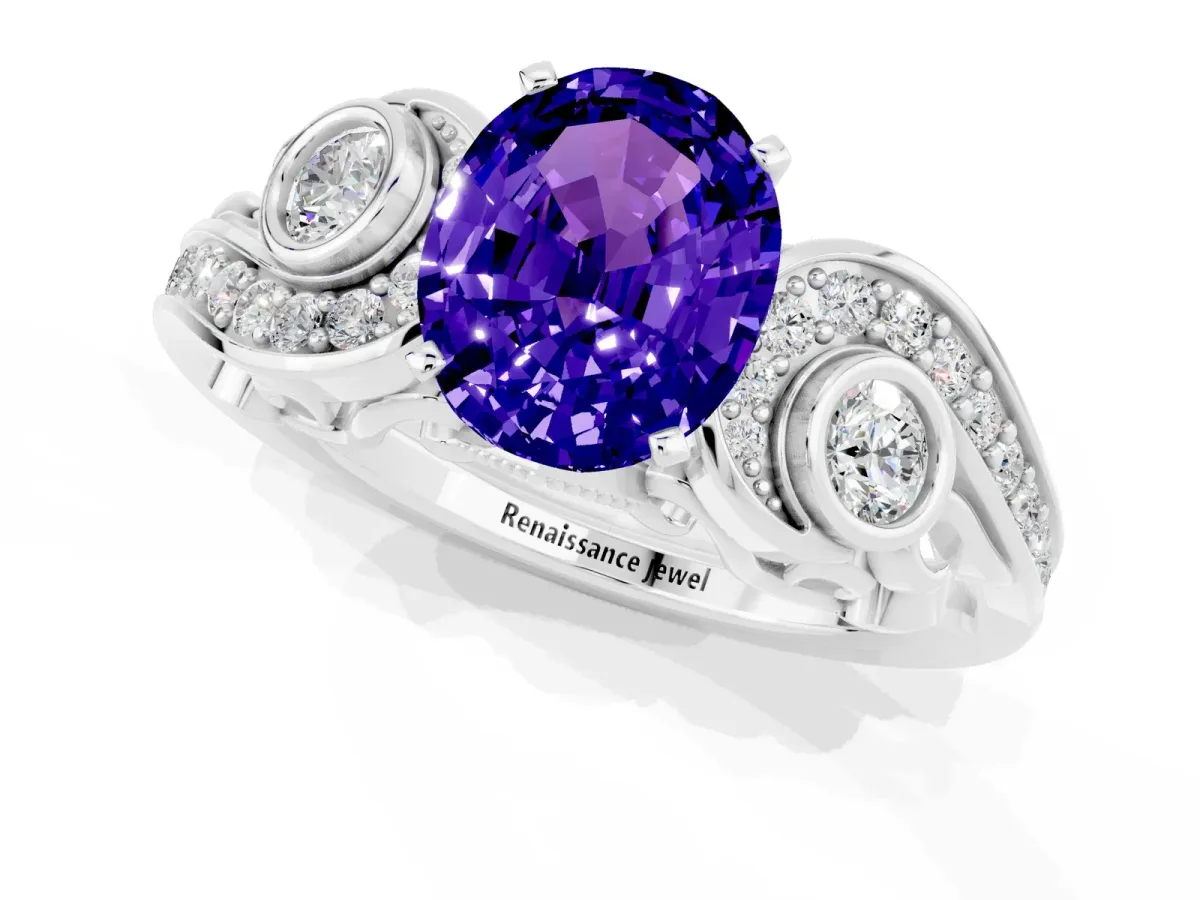 Oval Cut Tanzanite Solitaire Ring with Milgrain Pavé Band and Four-Prong Setting Silver