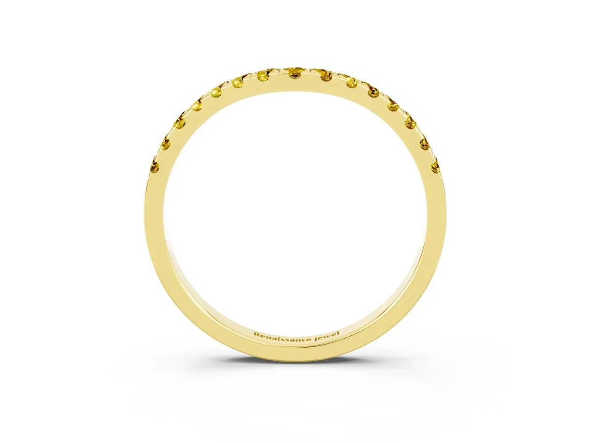 Curved Pavé Round Yellow Sapphire Wedding Band with Shared Prong Setting Yellow gold