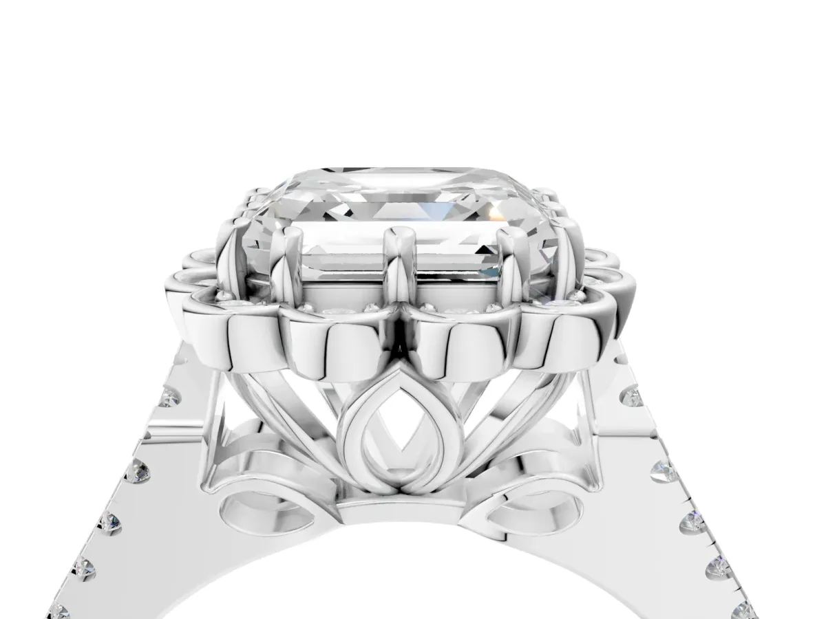 Asscher Cut Halo Diamond Floral Split Shank Engagement Ring Platinum