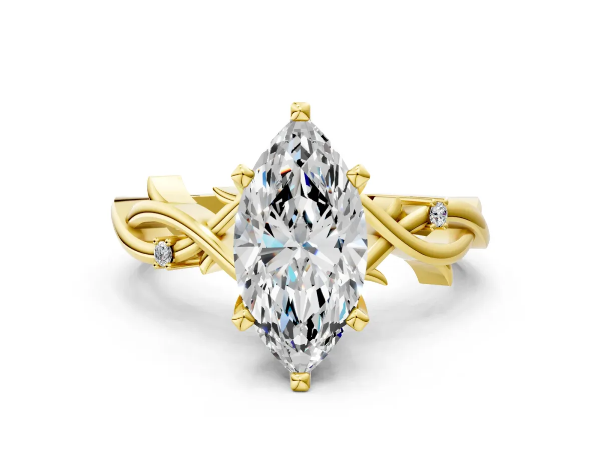 Marquise Cut Diamond Solitaire Ring with Twisted Band and Prong Setting Yellow gold