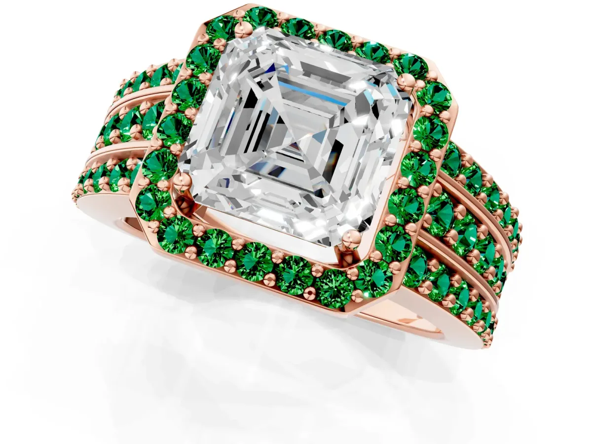 Asscher Cut Halo Diamond Ring with Round Emerald Split Shank and Prong Setting Rose gold