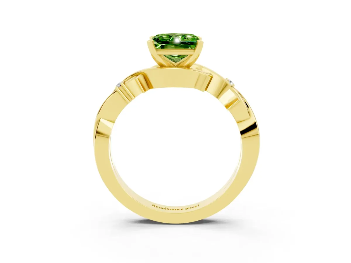 Princess Cut Peridot Solitaire Ring with Twisted Band and Prong Setting Yellow gold
