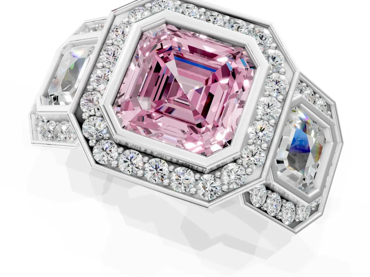 Fancy Pink Three-Stone Asscher Cut Halo Pavé Diamond Ring Platinum