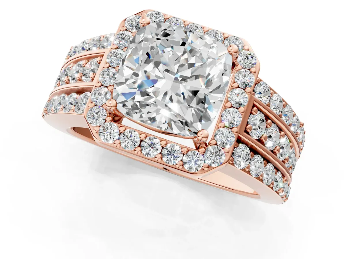 Cushion Cut Halo Diamond Ring with Round Split Shank and Prong Setting Rose gold