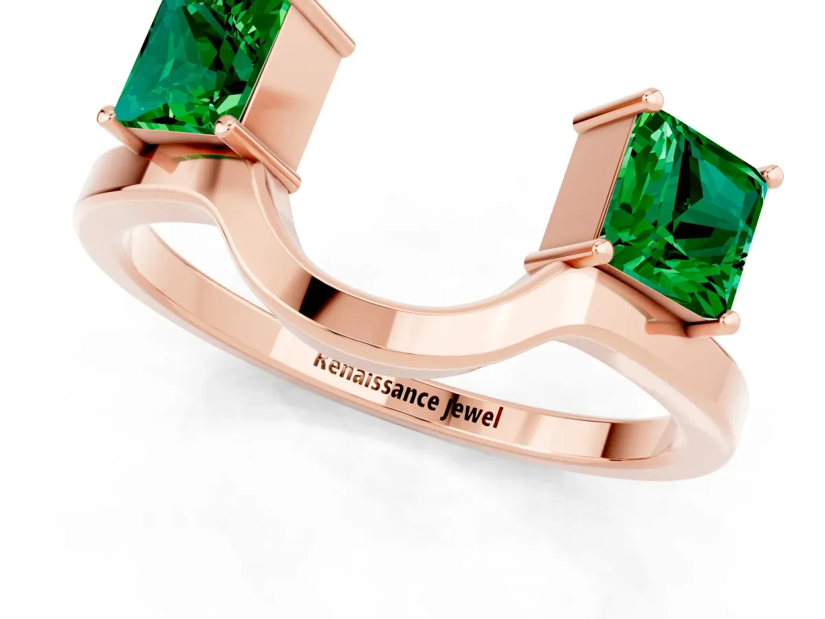 Princess Cut Emerald Two-Stone Open Band Ring with Four-Prong Setting Rose gold
