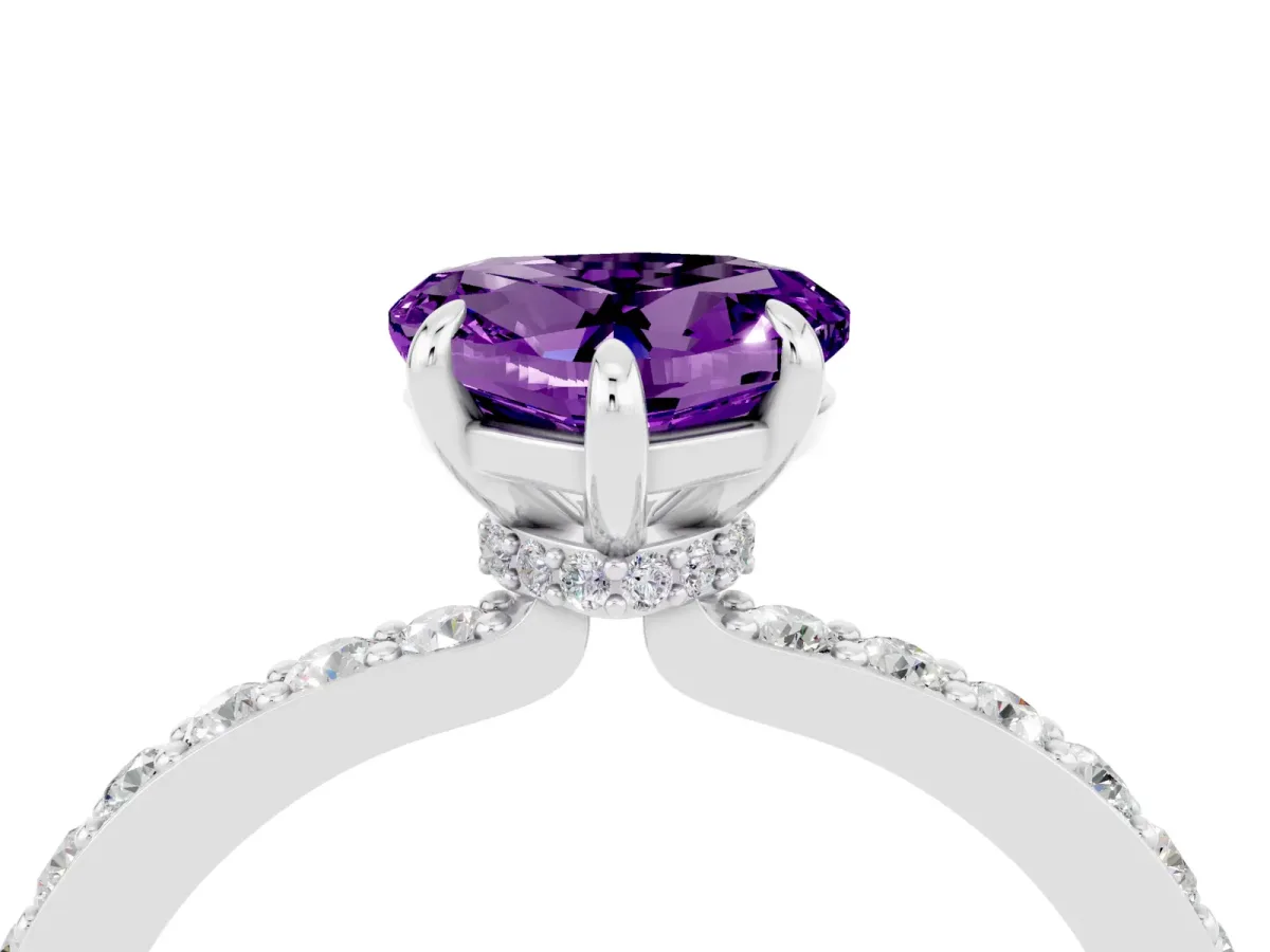 Heart Cut Amethyst Pavé Engagement Ring with Round Accents and Prong Setting Silver