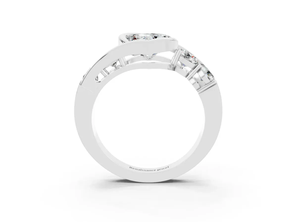 Bezel Set Heart Cut Moissanite Bypass Ring with Round Accents Silver