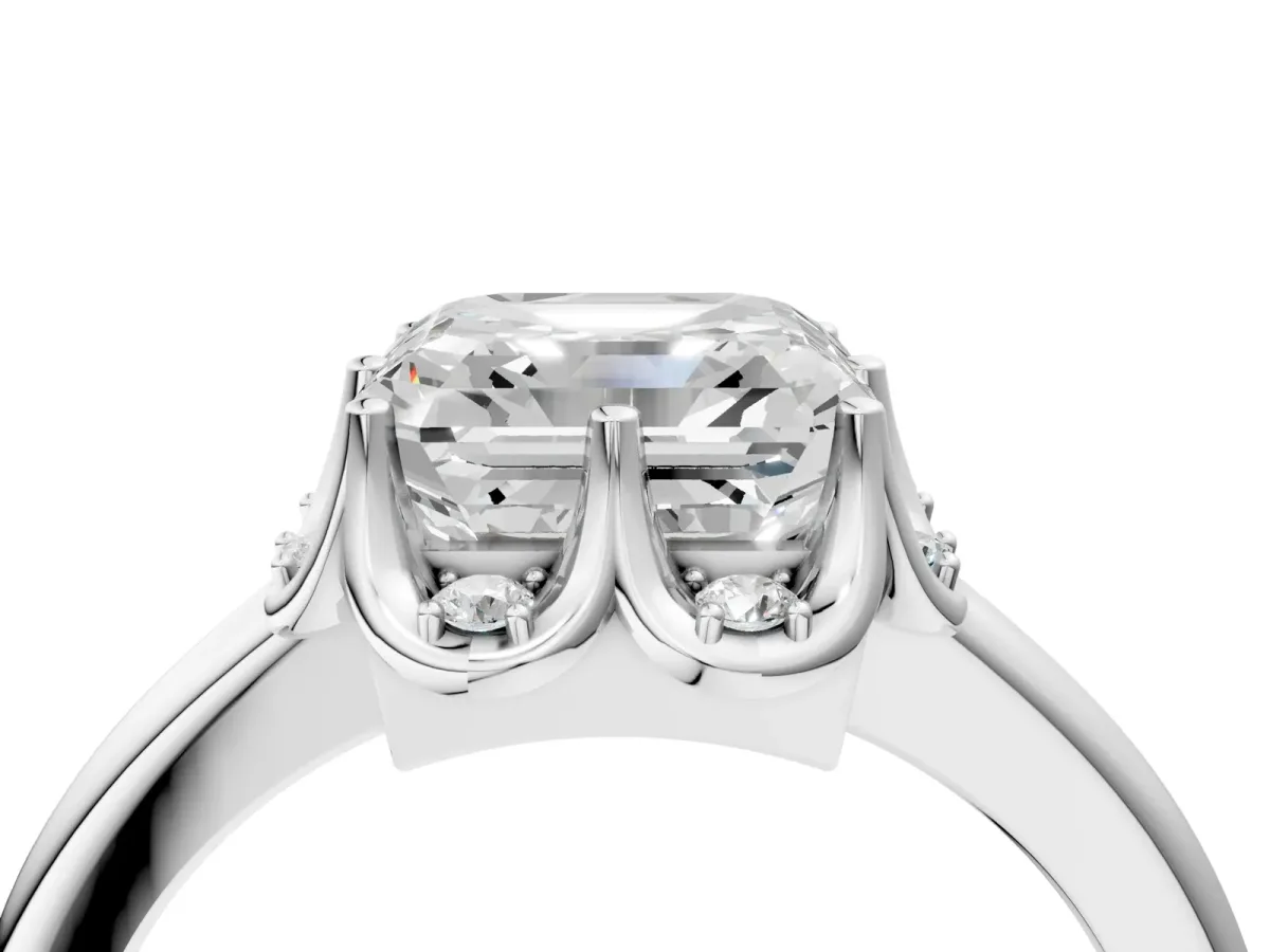 Asscher Cut Halo Diamond Ring with Round Cluster Setting, Solitaire Band, and Four-Prong Setting Platinum