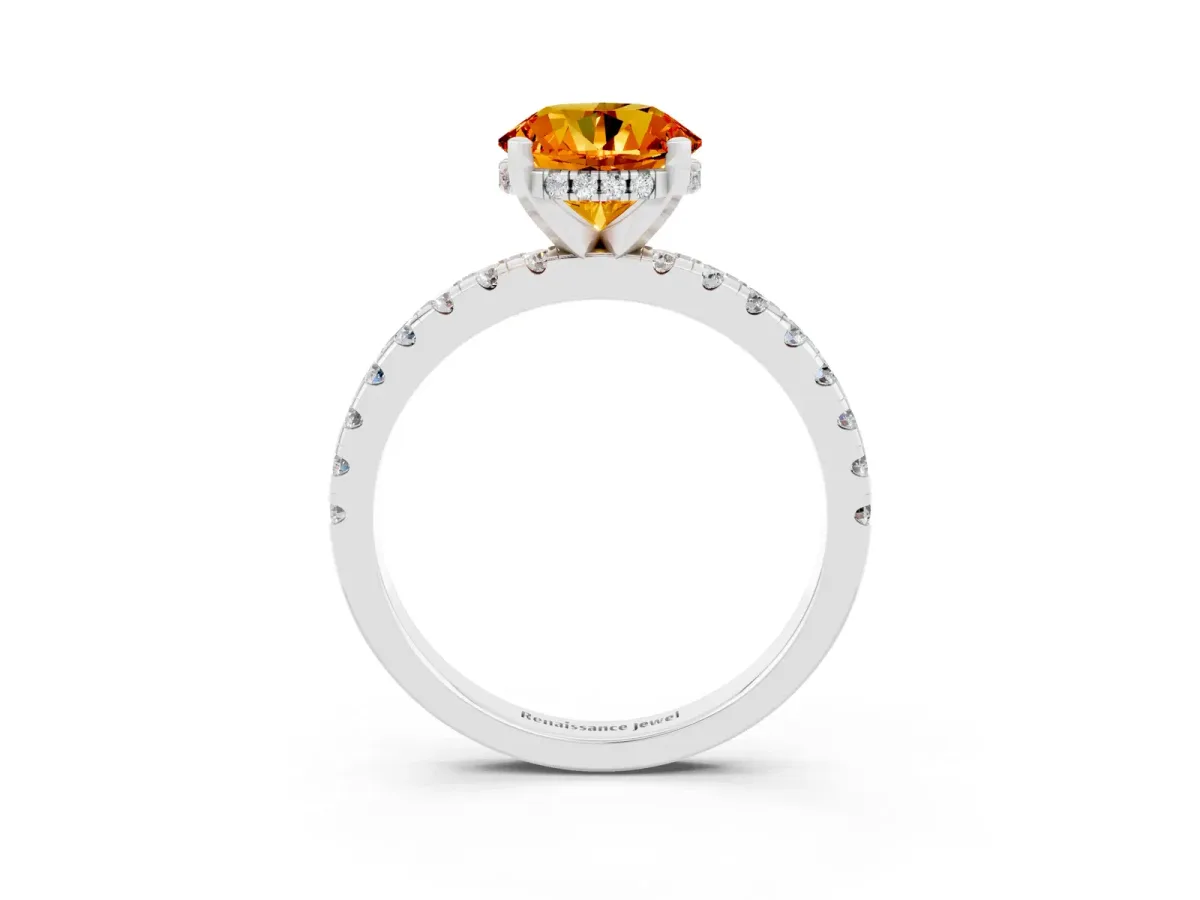 Round Cut Citrine Solitaire Ring with Round Pavé Band and Four-Prong Setting Silver
