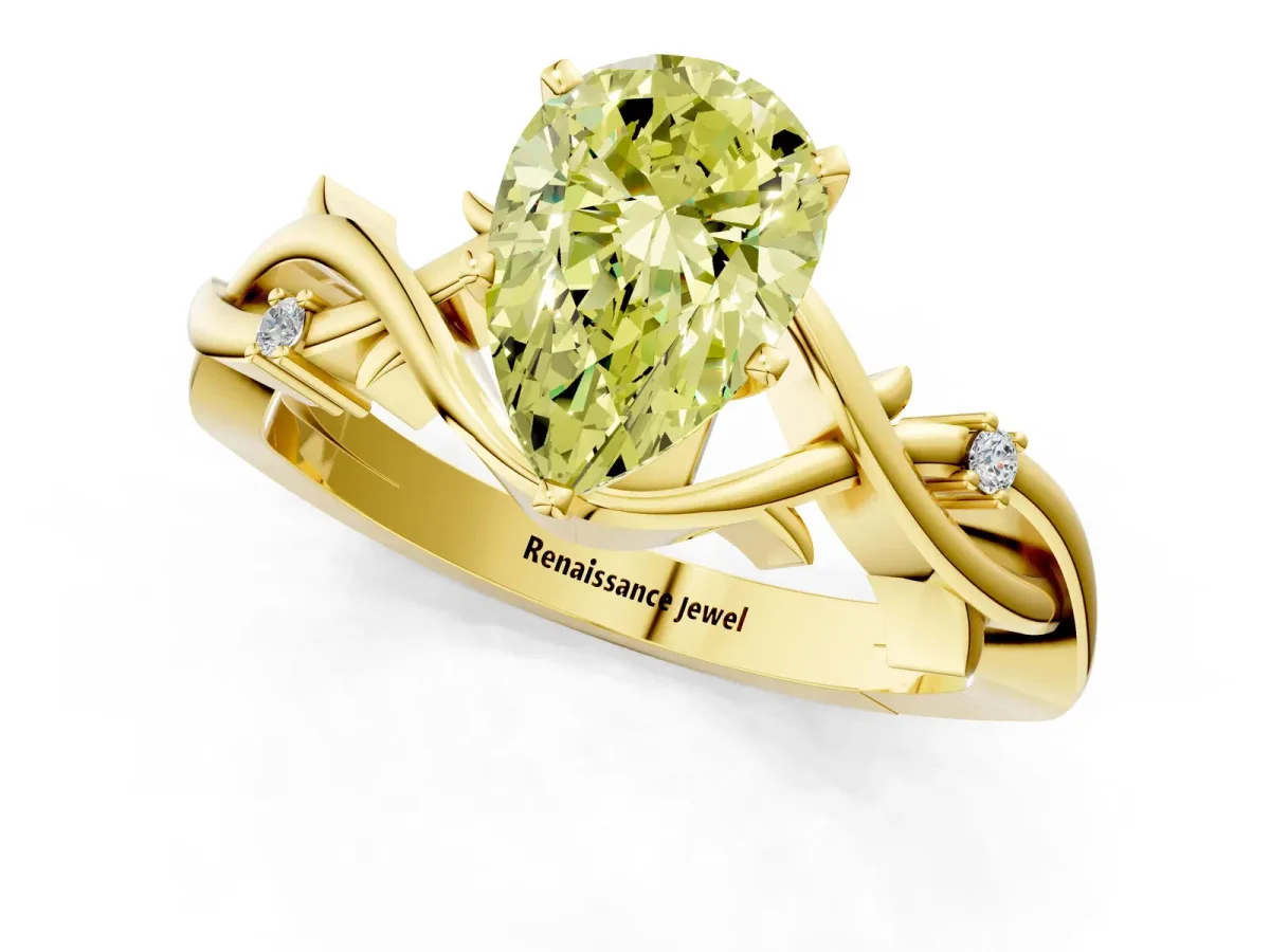 Fancy Yellow Pear Cut Diamond Solitaire Ring with Twisted Band and Prong Setting Yellow gold