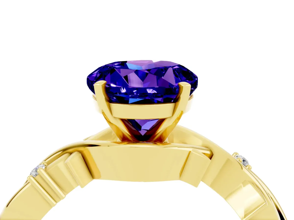 Round Cut Tanzanite Solitaire Ring with Twisted Band and Prong Setting Yellow gold