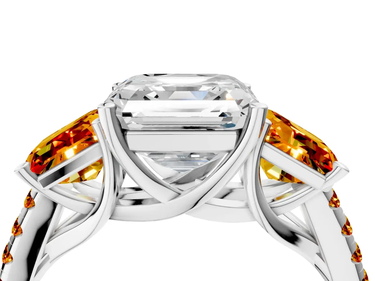 Three-Stone Asscher Cut Diamond Ring with Round Citrine Pavé Band and Prong Setting Silver