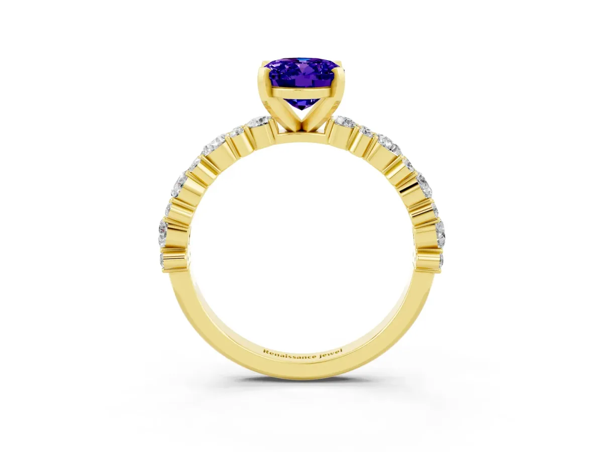 Oval Cut Tanzanite Side Stone Solitaire Ring with Round and Four-Prong Setting Yellow gold