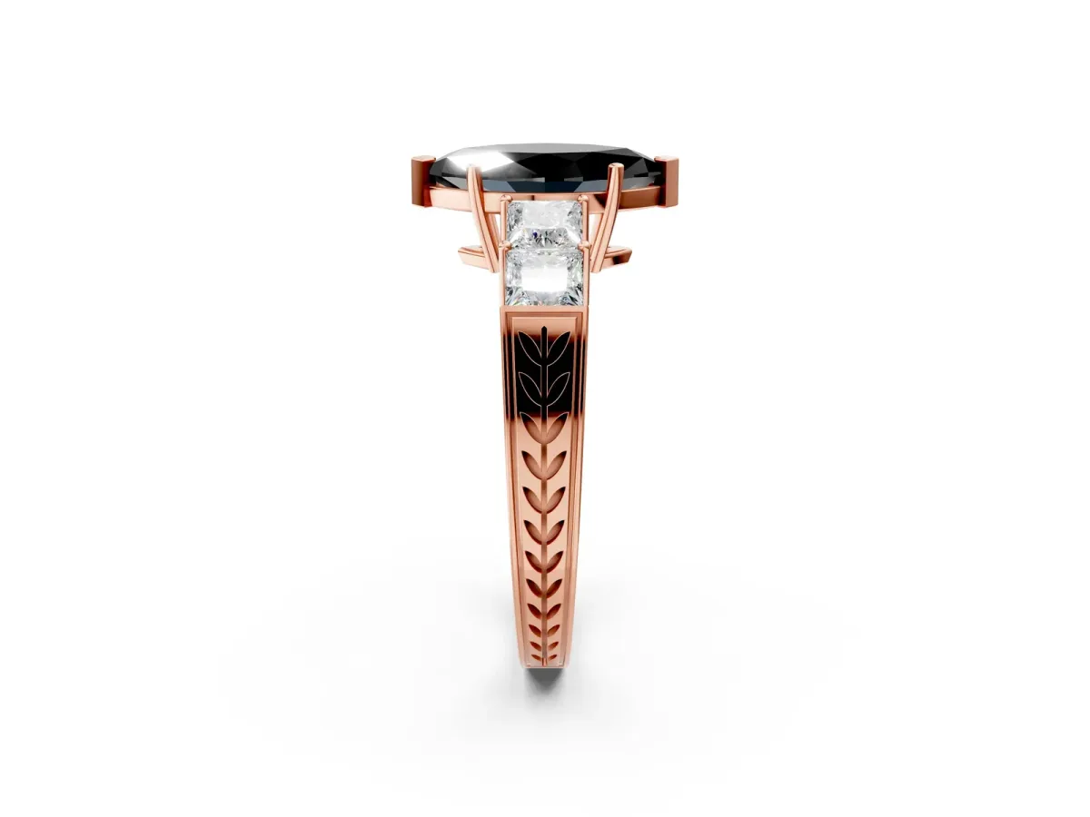 Fancy Black Marquise Cut Solitaire Princess Side Stone Engraved Band Prong Setting Ring Rose gold