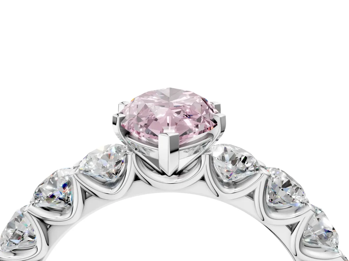 Fancy Pink Marquise Cut Diamond Prong Setting with Side Stones on a Pave Band Silver