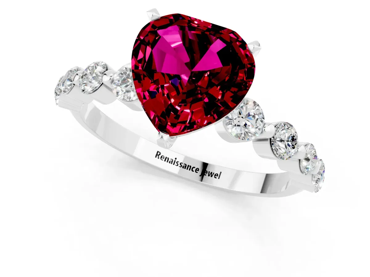 Heart Cut Solitaire Garnet Ring with Pave Band and Four-Prong Setting Platinum