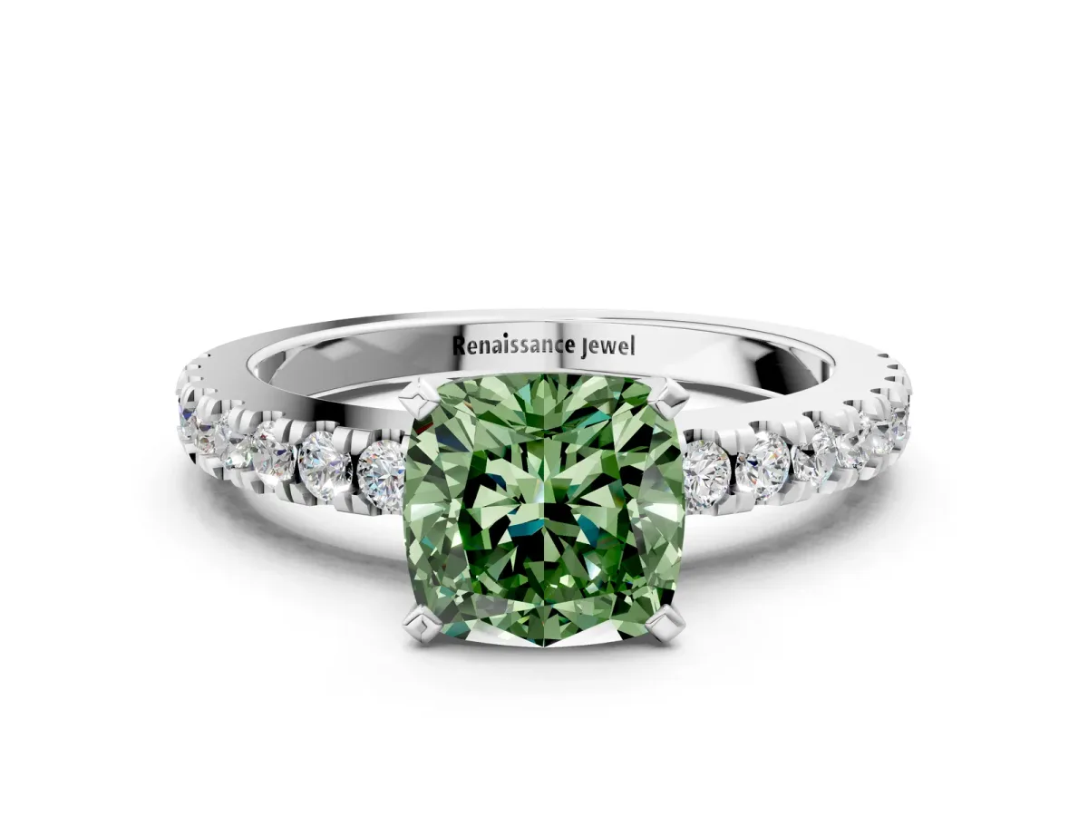 Fancy Green Cushion Cut Solitaire Diamond with Pavé Band and Four-Prong Setting Silver