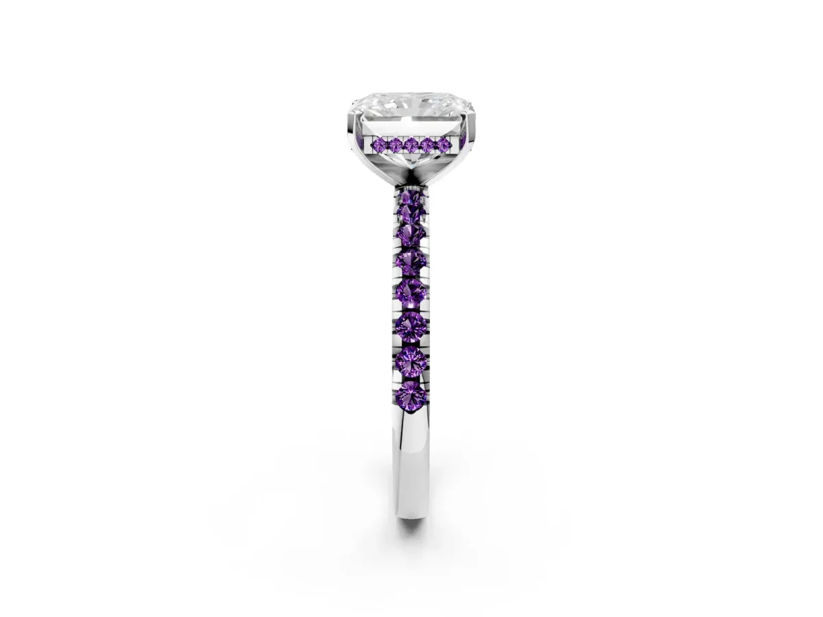 Radiant Cut Diamond Solitaire Ring with Round Amethyst Pavé Band and Four-Prong Setting Silver