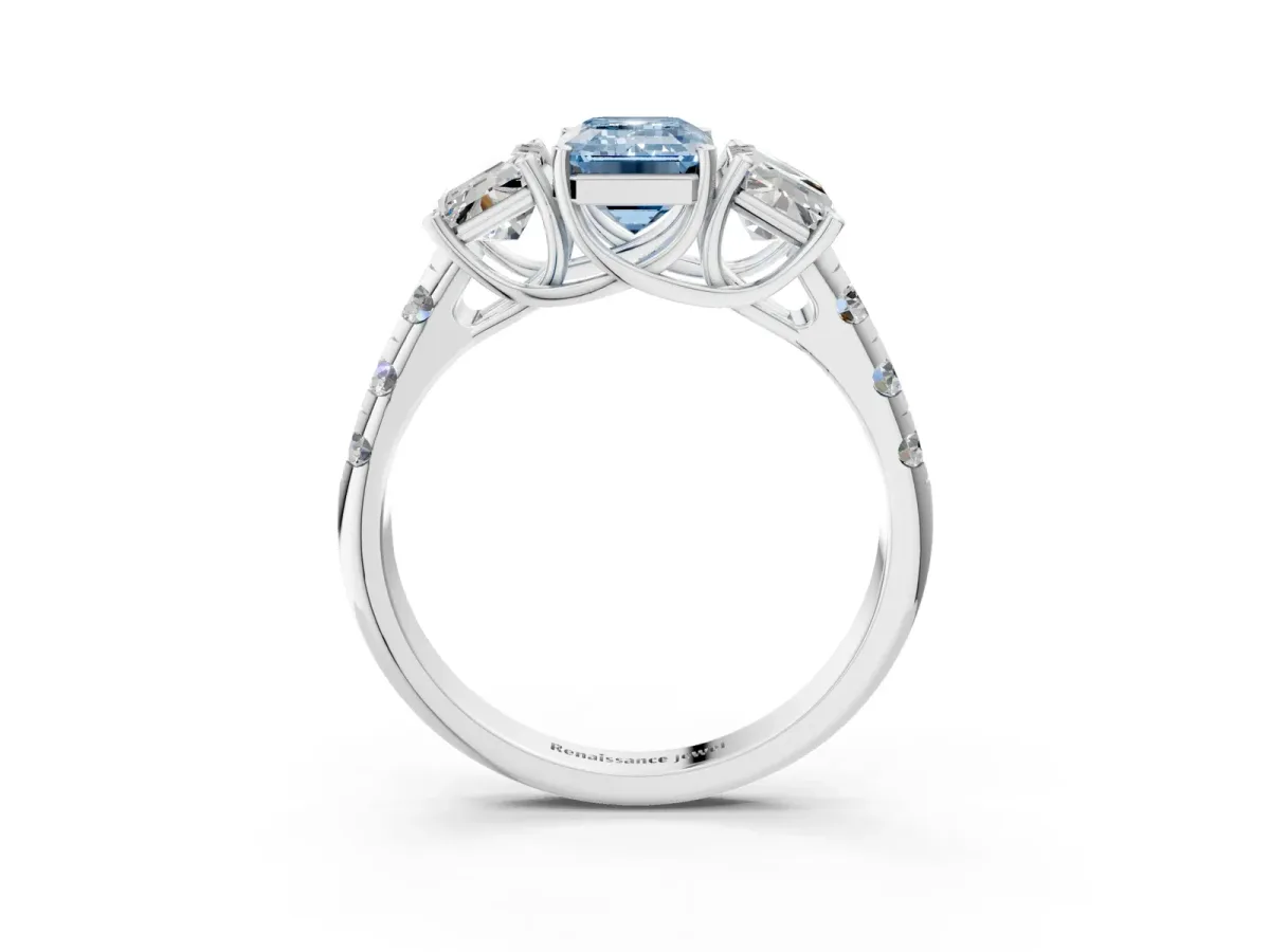 Fancy Blue Three-Stone Emerald Cut Diamond Pavé Band with Prong Setting Platinum