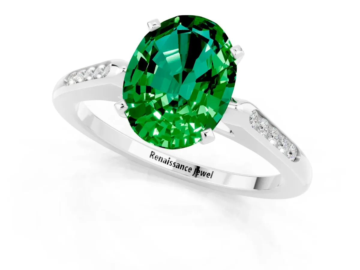 Oval Cut Emerald Solitaire Ring with Channel Set Round Band and Prong Setting Silver