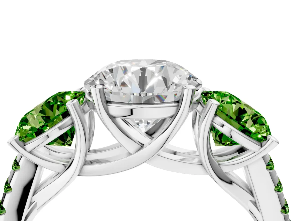 Three-Stone Round Cut Diamond Ring with Round Peridot Pavé Band and Prong Setting Platinum
