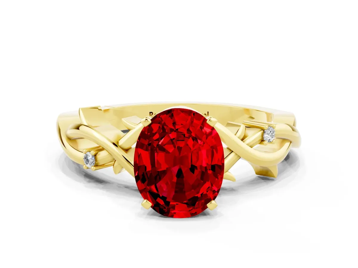 Oval Cut Ruby Solitaire Ring with Twisted Band and Prong Setting Yellow gold