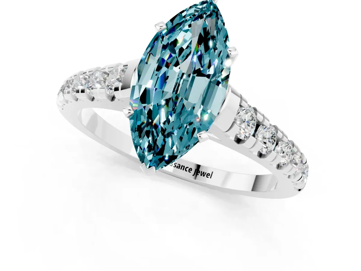 Marquise Cut Blue Topaz Cathedral Solitaire Ring with Round Pavé Band Silver