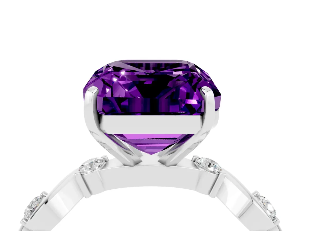 Emerald Cut Amethyst Solitaire Twisted Band with Round Accents and Prong Setting Silver