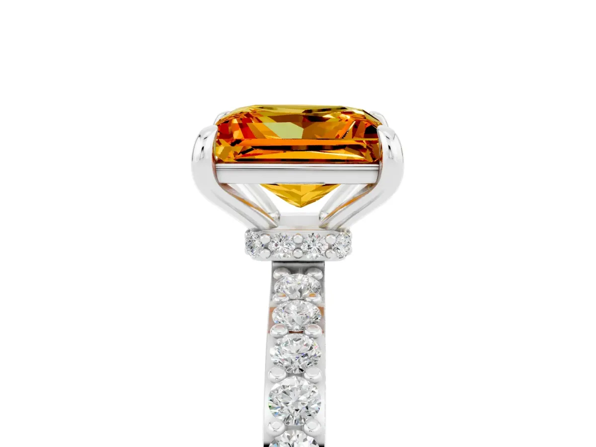 Princess Cut Citrine Solitaire Engagement Ring with Pavé Band and Four-Prong Setting Silver