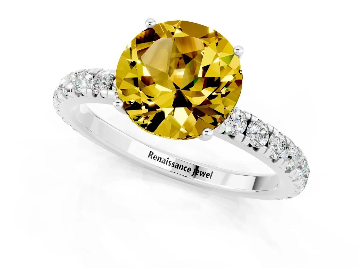 Round Cut Yellow Sapphire Pavé Solitaire Engagement Ring with Four-Prong Setting Silver