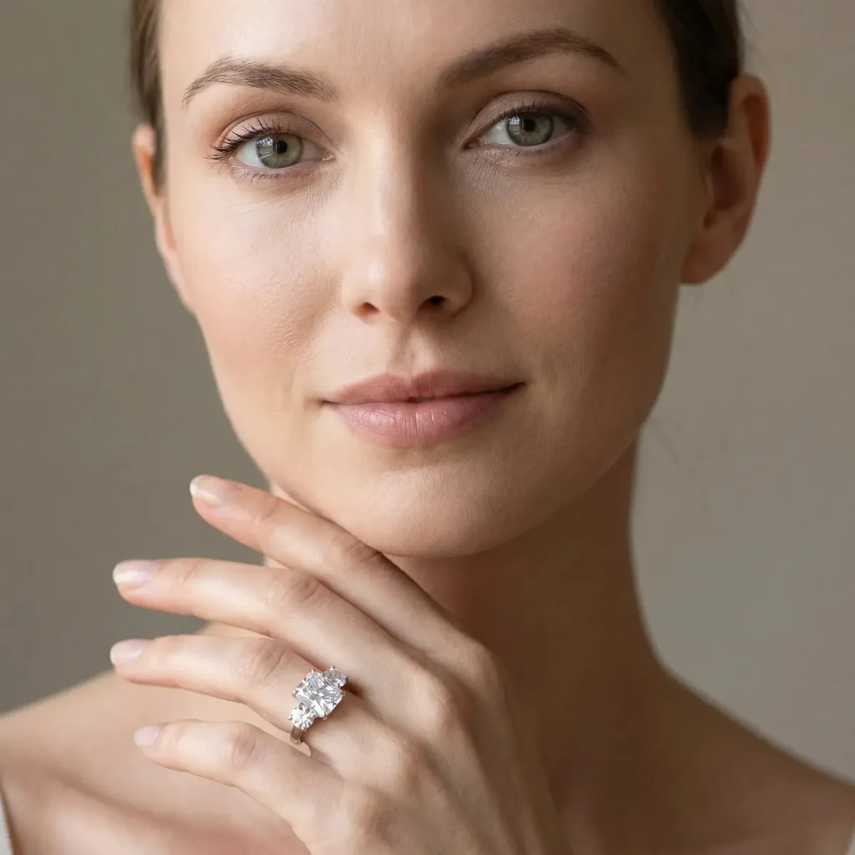 Three-Stone Radiant Cut Cut Diamond Engagement Ring with Prong Setting on a White Gold Band Silver