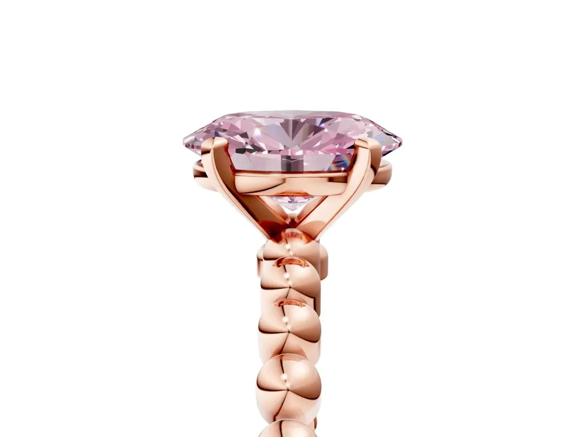 Fancy Pink Oval Cut Diamond Solitaire Ring with Beaded Band and Prong Setting Rose gold