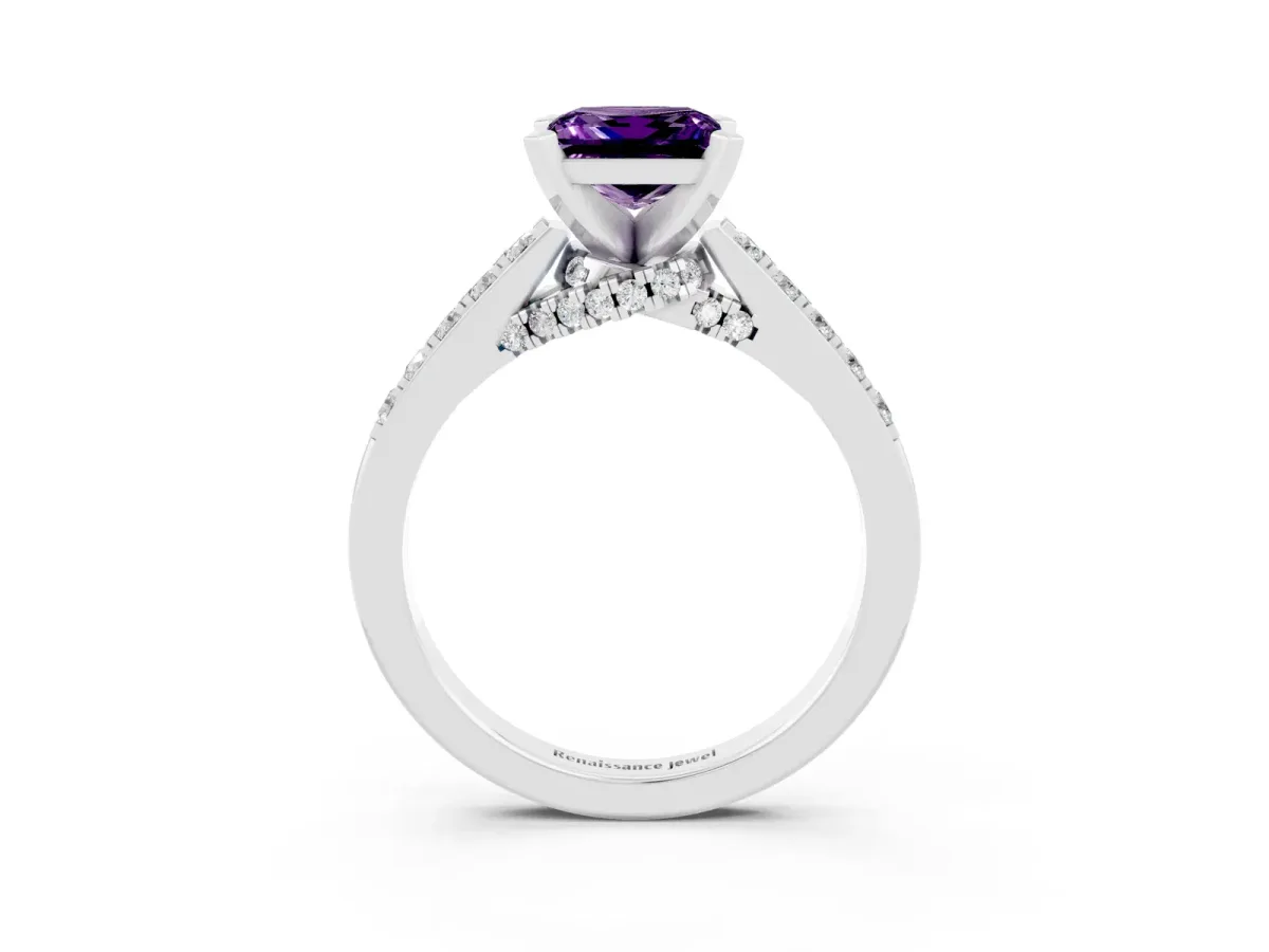 Princess Cut Amethyst Solitaire Ring with Crossover Gallery and Round Pavé Band Silver