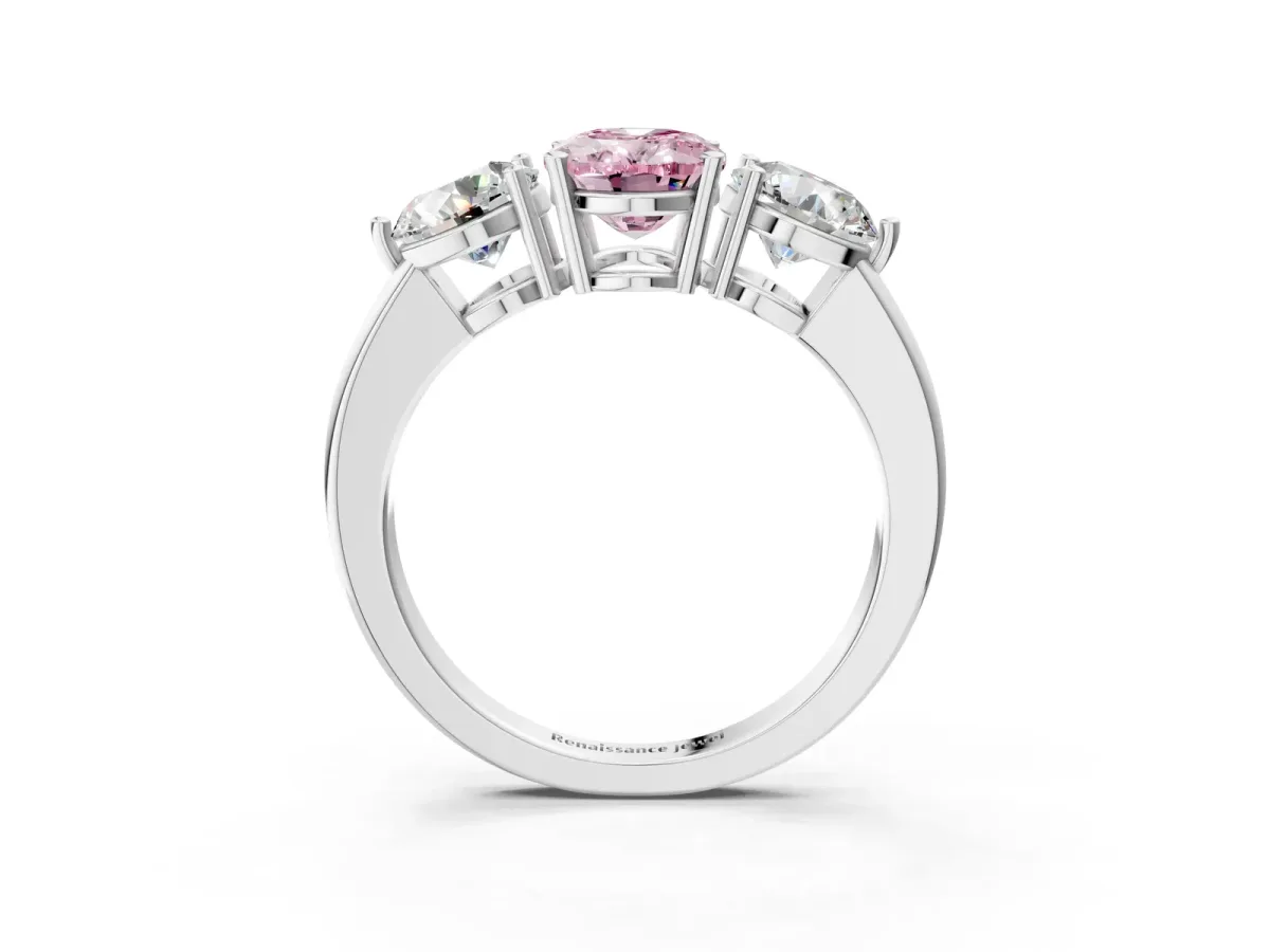 Fancy Pink Oval Cut Diamond Three-Stone Ring with Prong Setting and Classic Band White gold