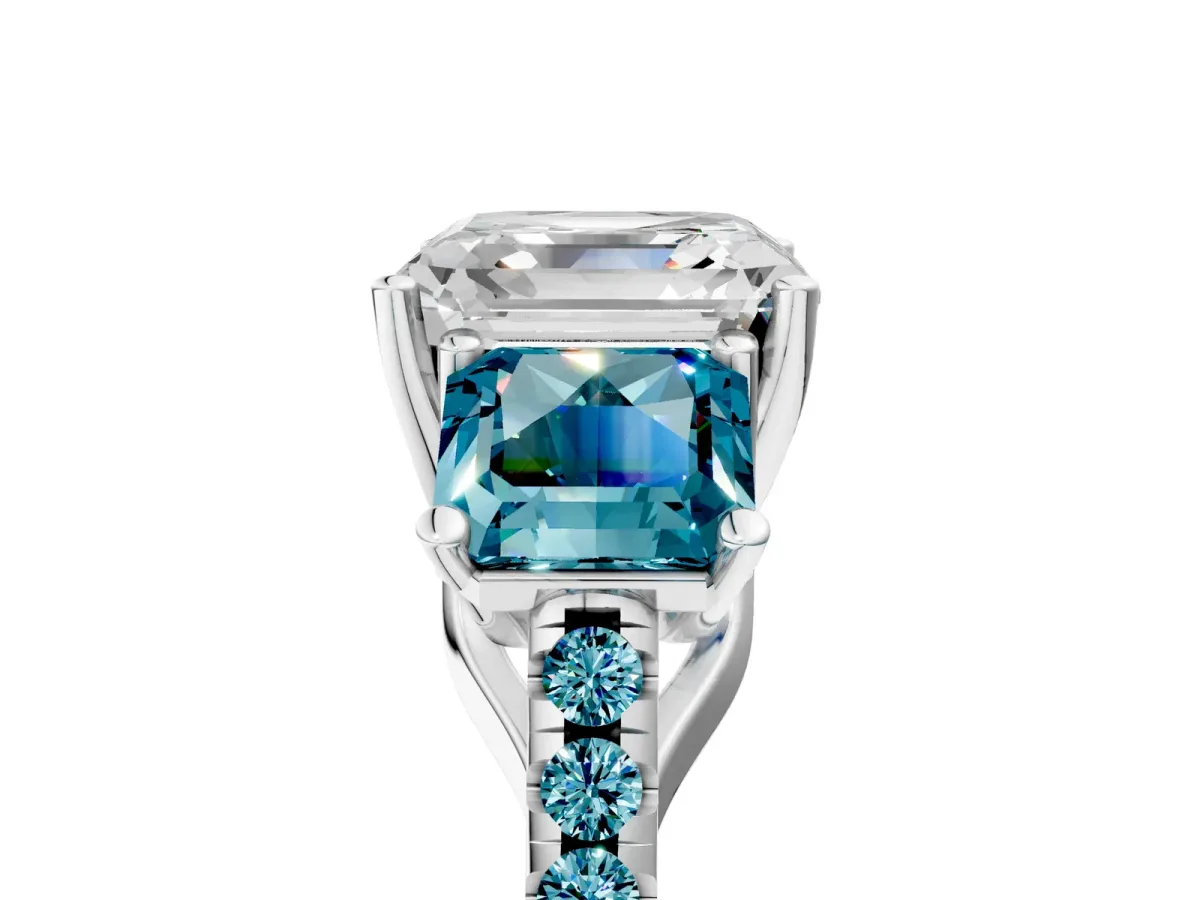 Three-Stone Asscher Cut Diamond Ring with Round Blue Topaz Pavé Band and Prong Setting Silver