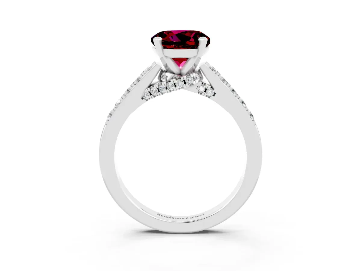 Round Cut Garnet Solitaire Ring with Crossover Gallery and Round Pavé Band Silver