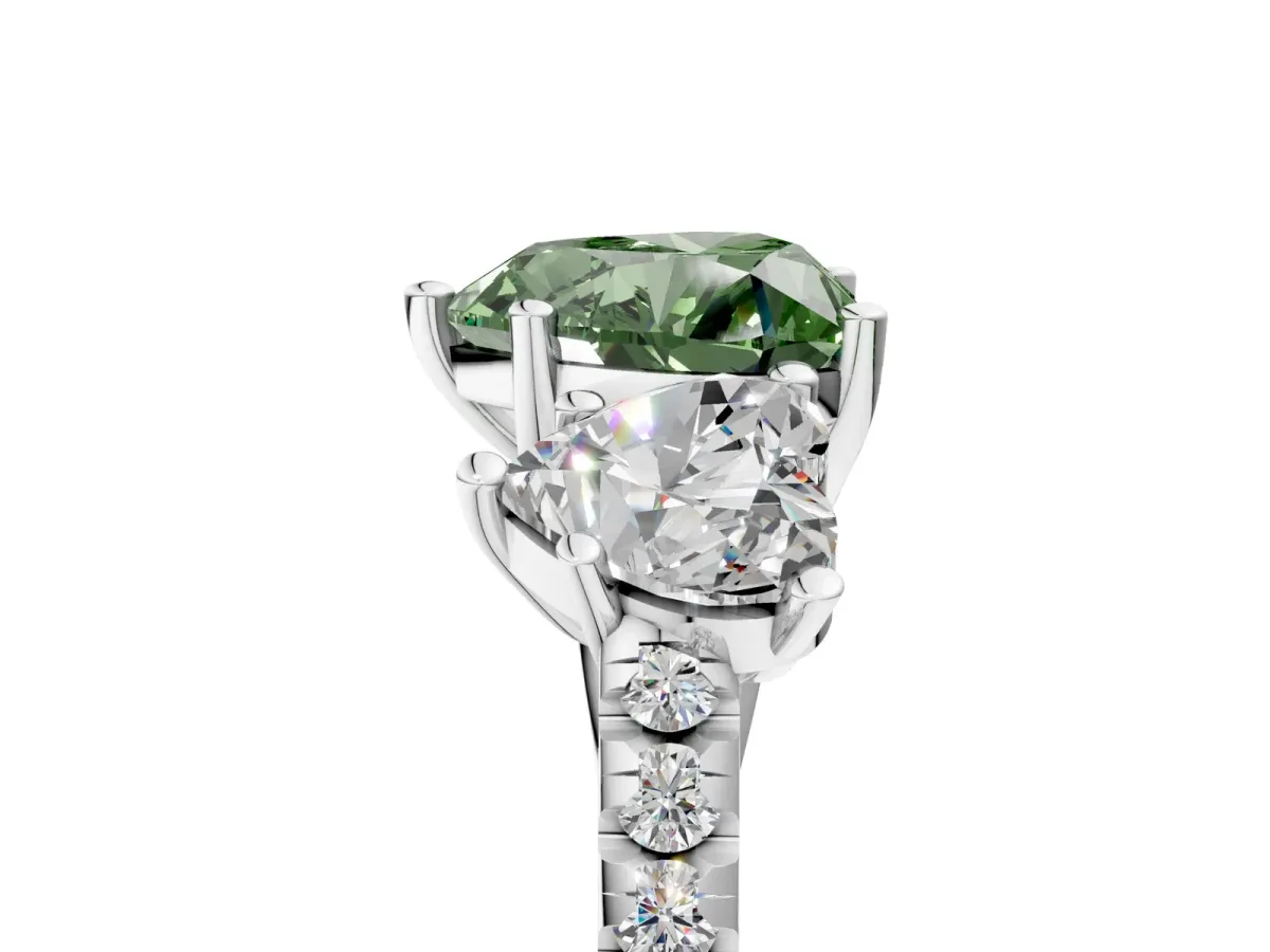 Fancy Green Three-Stone Heart Cut Diamond Ring with Round Pavé Band and Prong Setting Silver