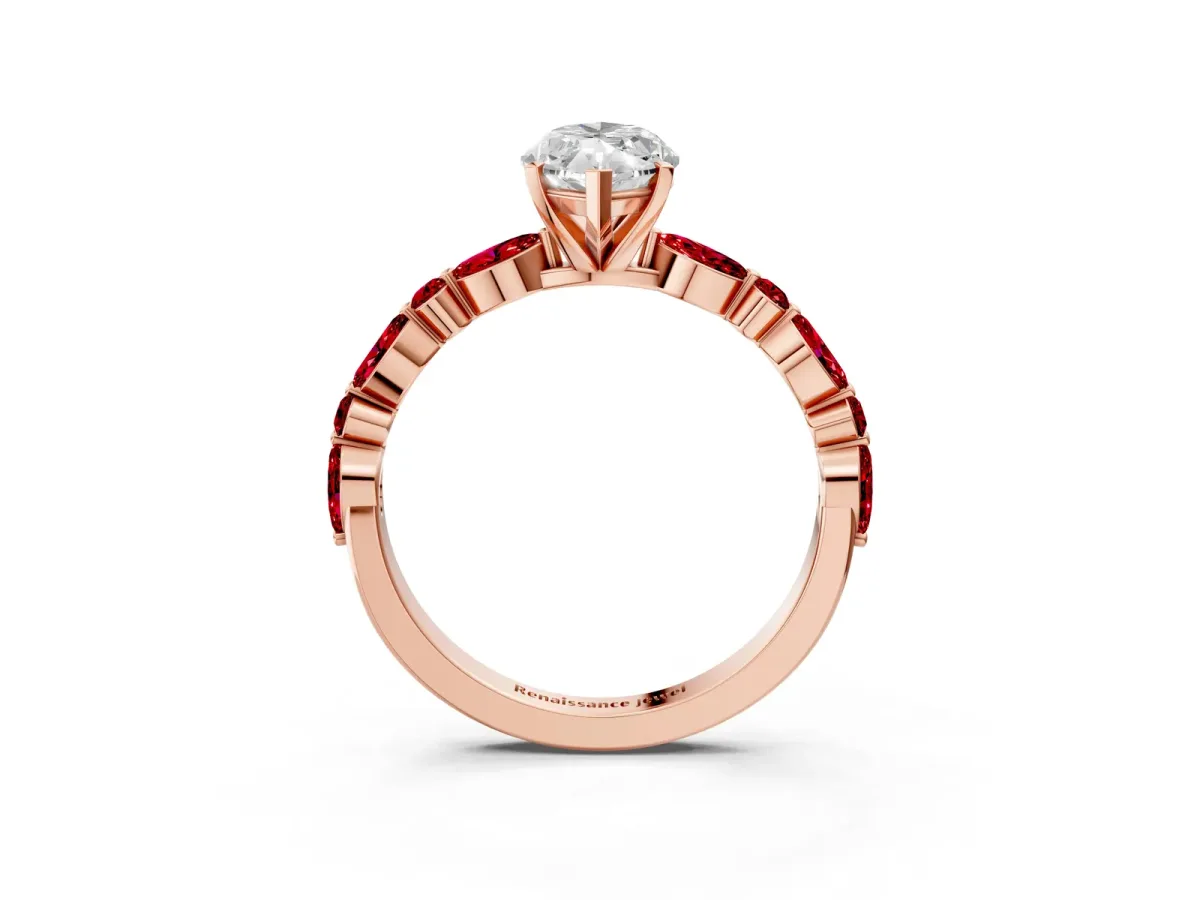Marquise Cut Diamond Ring with Marquise and Round Ruby Side Stones and Four-Prong Setting Rose gold