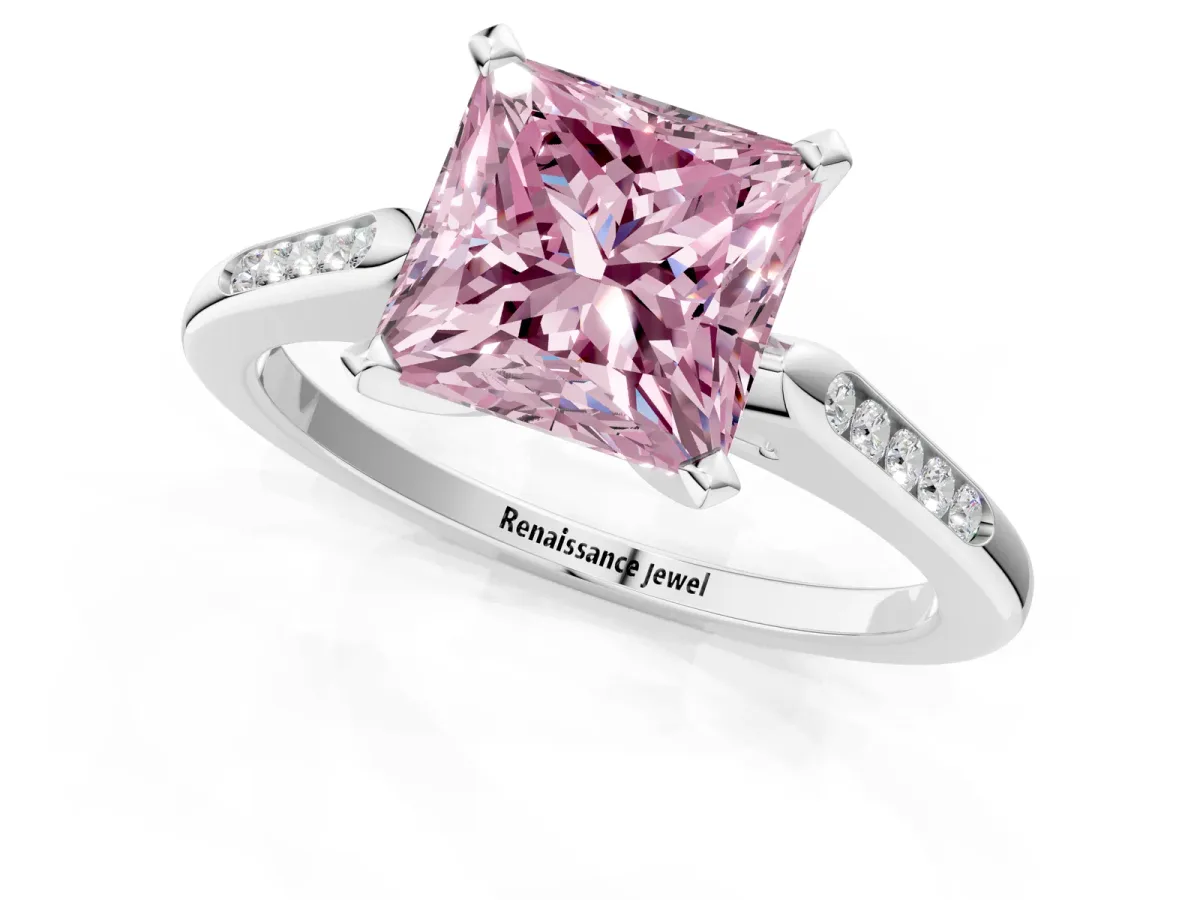 Fancy Pink Princess Cut Diamond Solitaire Ring with Channel Set Round Band and Prong Setting Silver