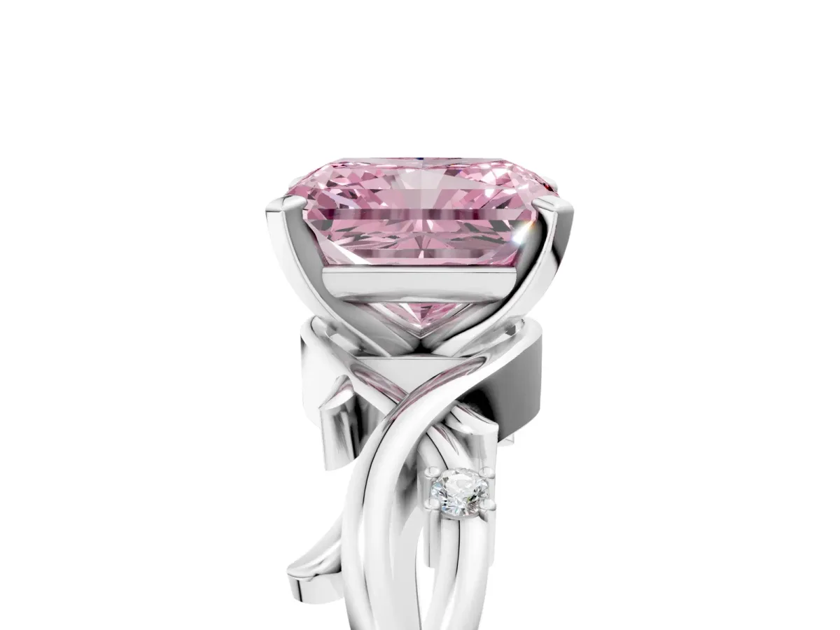 Fancy Pink Radiant Cut Diamond Solitaire Ring with Twisted Band and Prong Setting Silver