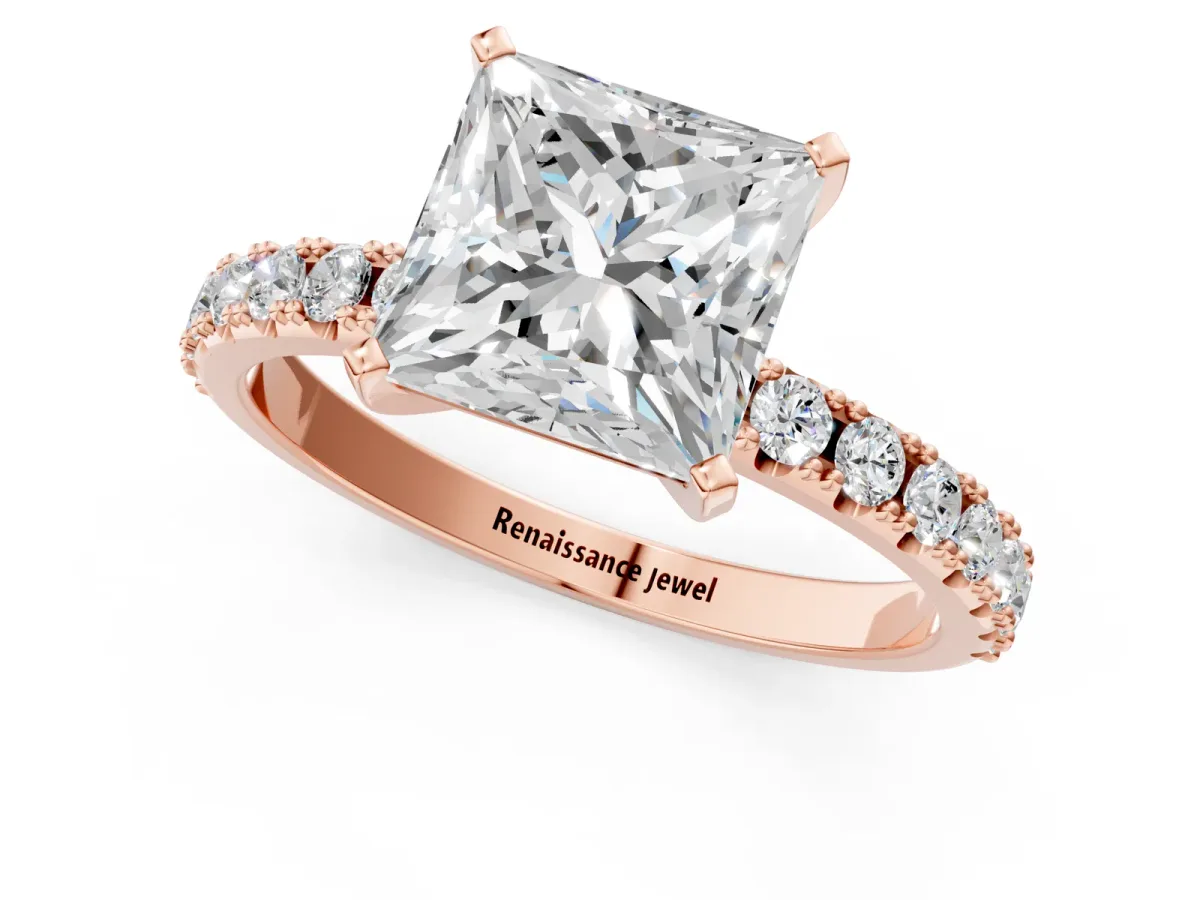Princess Cut Diamond Solitaire Pavé Band with Four-Prong Setting Rose gold