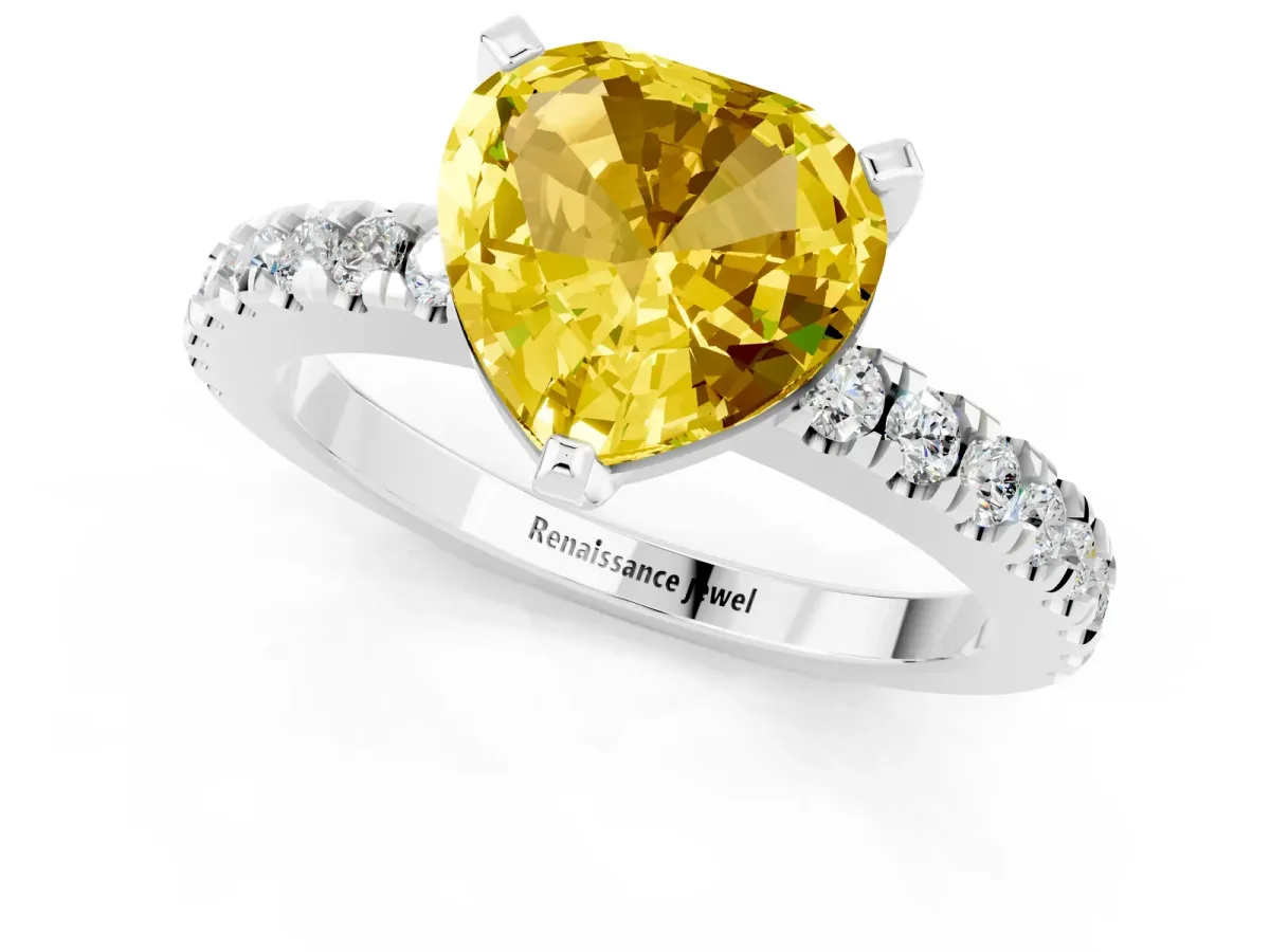 Heart Cut Solitaire Yellow Sapphire with Pavé Band and Four-Prong Setting Silver