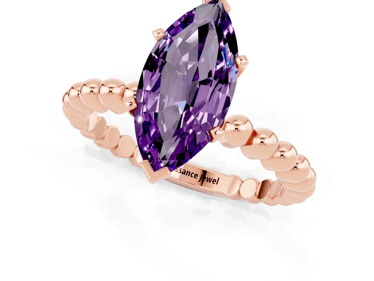 Marquise Cut Amethyst Solitaire Ring with Beaded Band and Prong Setting Rose gold